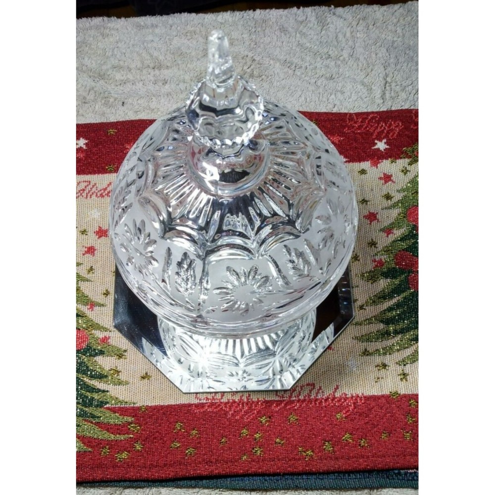 Vintage Round Crystal Candy Dish with Lid Frosted Flower Design Heavy